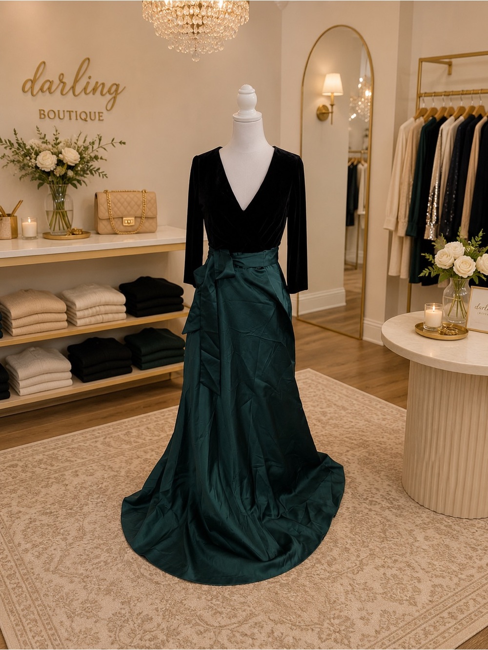 Xscape Black Velvet Emerald Green Wrap Gown Size 8 NWT Formal Dress